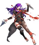  1girl black_choker breasts choker cleavage clenched_teeth damaged female_shez_(fire_emblem) female_shez_(ninja)_(fire_emblem) fire_emblem fire_emblem:_three_houses fire_emblem_heroes fire_emblem_warriors:_three_hopes fishnet_pantyhose fishnets fur_scarf hair_bun hair_over_one_eye highres holding holding_kunai holding_weapon japanese_clothes kunai long_hair medium_breasts non-web_source official_alternate_costume official_art pantyhose purple_eyes purple_hair sandals scarf single_fishnet_legwear single_leg_pantyhose solo teeth torn_clothes torn_pantyhose v-shaped_eyebrows very_long_hair weapon 