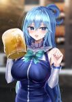  1girl absurdres alcohol aqua_(konosuba) bangs bare_shoulders beer blue_eyes blue_hair blurry blurry_background blush breasts brooch crossed_bangs detached_sleeves eyebrows_visible_through_hair hair_ornament hanasaka_houcha highres jewelry kono_subarashii_sekai_ni_shukufuku_wo! large_breasts long_hair long_sleeves looking_at_viewer open_mouth smile solo upper_body 