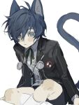  1boy :&lt; animal_ears black_jacket black_shorts blue_eyes blue_hair blush brooch cat_boy cat_ears cat_tail closed_mouth collared_shirt earphones_around_neck gekkoukan_high_school_uniform green_ribbon hair_between_eyes hair_over_one_eye hashtag-only_commentary jacket jewelry kemonomimi_mode looking_at_viewer male_focus persona persona_3 radonl9 ribbon school_uniform shirt short_hair shorts sitting socks solo tail white_shirt white_socks yuuki_makoto_(persona_3) 