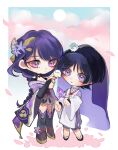  1boy 1girl absurdres animal_on_head bird bird_on_hand bird_on_head black_thighhighs blunt_bangs blush braid breasts bridal_gauntlets cherry_blossoms chibi chibi_only chinese_commentary cleavage clothing_cutout cloud cloudy_sky eyeliner falling_petals genshin_impact hair_between_eyes hair_ornament head_tilt highres holding holding_hands japanese_clothes kimono large_breasts lingerie long_braid long_hair long_sleeves looking_at_animal makeup mitsudomoe_(shape) mole mole_under_eye mother_and_son naku_weed official_alternate_costume on_head open_mouth ouosaymomo outdoors petals pink_clouds pink_petals purple_eyes purple_kimono purple_veil raiden_shogun red_eyeliner red_sash sash scaramouche_(genshin_impact) scaramouche_(kabukimono)_(genshin_impact) shade short_hair shoulder_cutout single_braid sky standing sun thighhighs tomoe_(symbol) underwear veil wide_sleeves 