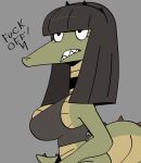 alligator alligatorid anthro bangs bottomless bottomless_anthro bottomless_female breasts clothed clothed_anthro clothed_female clothing countershading crocodilian crop_top dialogue english_text eyelashes female female_anthro green_body green_skin hair half-length_portrait hi_res non-mammal_breasts portrait profanity reptile scalie sharp_teeth shirt side_view simple_background sleeveless_clothing sleeveless_shirt solo tail teeth text topwear white_sclera xarop77