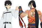  2boys back bangs black_hair blue_eyes chaldea_uniform chinese_clothes commentary_request eyebrows_visible_through_hair fate/grand_order fate_(series) fist_bump flower_tattoo fujimaru_ritsuka_(male) full-body_tattoo gauntlets green_eyes hair_between_eyes hands jacket light_smile long_hair long_sleeves looking_at_another male_focus multiple_boys ponytail short_hair simple_background smile tansaninryou tattoo text_tattoo topless_male uniform upper_body very_long_hair white_background yan_qing_(fate) 