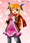  1girl ;d absurdres asymmetrical_bangs bangs black_jacket black_legwear blonde_hair blue_ribbon box commentary_request dress eyebrows_visible_through_hair fringe_trim gift gift_box hair_ribbon highres holding holding_gift jacket long_hair looking_at_viewer lyrical_nanoha mahou_shoujo_lyrical_nanoha_vivid one_eye_closed open_clothes open_jacket open_mouth pantyhose pink_background pink_dress rappasan05 red_eyes red_scarf ribbon sacred_heart scarf short_dress smile solo sparkle standing twitter_username two_side_up valentine vivio 