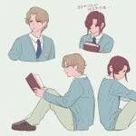  2boys back-to-back bangs blonde_hair blue_necktie blue_sweater book brown_footwear collared_shirt cropped_torso glass_no_kamen hair_over_one_eye hayami_masumi hijiri_karato holding holding_book knees_up loafers long_sleeves looking_at_viewer looking_away multiple_boys multiple_views necktie one_eye_covered open_book outstretched_arms pants profile reading red_hair shirokuma224 shirt shoes short_hair sidelocks simple_background sitting sweater white_shirt 