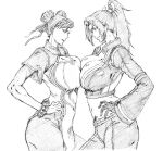  akiman_pose black_jumpsuit breast_contest breast_press breasts cleavage confident confrontation crossover double_bun eye_contact face-to-face fatal_fury gloves greyscale hair_between_eyes hair_bun jewelry jumpsuit kubo_tite_(style) large_breasts long_hair long_sleeves looking_at_another midriff monochrome navel rakusakugk rivalry shiranui_mai simple_background sketch smile symmetrical_docking white_background 