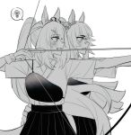  2girls aiming alternate_costume arrow_(projectile) bandaid bandaid_on_face bandaid_on_nose bow_(weapon) commentary_request cowboy_shot drawing_bow ear_ornament ear_scrunchie fang floating_hair gloves greyscale hair_between_eyes hair_ornament hairclip hakama hakama_skirt happy helping high-waist_skirt highres hishi_amazon_(umamusume) holding holding_arrow holding_bow_(weapon) holding_weapon horse_girl hwipa_(param_blue) japanese_clothes kimono korean_commentary light_blush light_bulb long_hair monochrome multiple_girls narita_brian_(umamusume) open_mouth pointy_nose ponytail rope scrunchie shimenawa short_sleeves simple_background single_strap skirt smile speech_bubble spoken_object striped_clothes striped_scrunchie umamusume very_long_hair vest weapon white_background wind 