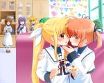  5girls angry birthday birthday_cake birthday_party black_ribbon blonde_hair blue_eyes blush brown_hair cake couple embarrassed eye_contact fate_testarossa food hair_ribbon happy imminent_kiss kerorokjy long_hair looking_at_another lyrical_nanoha mahou_shoujo_lyrical_nanoha mahou_shoujo_lyrical_nanoha_a&#039;s medium_hair multiple_girls orange_hair purple_hair red_eyes ribbon school_uniform short_twintails smile takamachi_nanoha twintails uniform white_ribbon yuri 