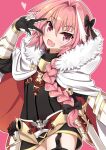  1boy :d astolfo_(fate) black_bow black_dress black_thighhighs blush bow braid cape commentary_request cowboy_shot dress fang fate/grand_order fate_(series) fur-trimmed_cape fur_trim garter_straps hair_between_eyes hair_bow hair_intakes hair_over_shoulder lo_xueming long_hair looking_at_viewer male_focus multicolored_hair outline pink_background pink_eyes pink_hair red_cape sidelocks simple_background single_braid skin_fang smile solo standing streaked_hair sword thighhighs thighs trap two-sided_cape two-sided_fabric weapon white_cape white_hair white_outline 