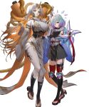  2girls aqua_hair blonde_hair breasts crystal fire_emblem fire_emblem_heroes fuuma_shuriken gradient_hair grey_hair gullveig_(fire_emblem) gullveig_(ninja)_(fire_emblem) hair_ornament hair_over_one_eye highres holding holding_shuriken holding_weapon horns huge_breasts japanese_clothes kvasir_(fire_emblem) kvasir_(ninja)_(fire_emblem) long_hair looking_at_viewer multicolored_hair multiple_girls non-web_source official_alternate_costume official_art sandals scarf scroll short_hair shuriken sideboob single_horn small_breasts snake_hair_ornament tachi-e very_long_hair weapon yellow_eyes 
