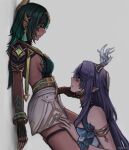  2girls absurdres bracelet breasts closed_mouth commentary earrings english_commentary finger_claws green_hair green_shirt grey_background hand_on_another&#039;s_chin hand_on_another&#039;s_thigh highres horns jewelry lauma_(genshin_impact) long_hair multiple_girls nefer_(genshin_impact) purple_eyes purple_hair reyeomi ring shirt sideboob simple_background skirt white_skirt yuri 