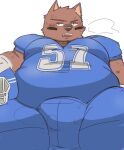  2022 absurd_res anthro belly blush bodily_fluids bottomwear brown_body bulge canid canine clothing hi_res jamiephut kemono male mammal overweight overweight_male pants shirt simple_background solo sportswear sweat topwear white_background 