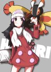  1girl antennae beanie black_eyes black_hair bug burmy burmy_(trash) character_charm character_name charm_(object) closed_mouth commentary_request dawn_(pokemon) dress grey_background guriko_(mossari) hair_ornament hat insect_wings long_hair long_sleeves mothim pink_dress pokemon pokemon_(creature) pokemon_dppt pokemon_platinum scarf simple_background smile white_bag white_hat white_scarf wings wormadam wormadam_(trash) 