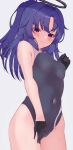  1girl alternate_hairstyle bangs black_gloves blue_archive blush competition_swimsuit cowboy_shot eyebrows_visible_through_hair frown gloves grey_swimsuit halo hand_up highres looking_at_viewer medium_hair navel one-piece_swimsuit ponytail purple_eyes purple_hair shiratama_(amenomurakumo0610) simple_background solo swimsuit wet white_background yuuka_(blue_archive) 