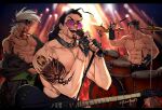  3boys abs artist_name bara beard biceps black_hair bracelet collar darius_(league_of_legends) draven drum drumsticks facial_hair falloutbart glasses gloves guitar instrument jacket jewelry league_of_legends male_focus manly mature_male microphone multiple_boys muscular muscular_male music necklace nipples pectorals scar scar_on_face singing smile stage stage_lights stubble sweat sweatdrop sylas_(league_of_legends) tattoo thick_arms thick_eyebrows topless topless_male white_hair 
