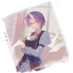  1girl brooch closed_mouth crossed_arms curtained_hair eiyuu_densetsu hair_ornament hairpin jewelry kloe_rinz long_sleeves looking_at_viewer morino_kaoru neckerchief parted_bangs puffy_long_sleeves puffy_sleeves purple_eyes short_hair skirt smile solo sora_no_kiseki upper_body white_neckerchief white_skirt 
