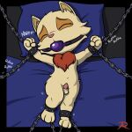  anthro ball_gag balls bdsm bed blush blush_lines bondage bound chain cuff_(restraint) eyes_closed furniture gag genitals hi_res league_of_legends male nude penis pillow radasus restraints riot_games small_penis solo tapering_penis teemo_(lol) video_games yordle 