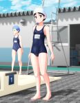  2girls absurdres barefoot black_hair blue_eyes blue_sky blurry breasts cloud commentary_request depth_of_field full_body highres lifeguard_chair looking_at_viewer multiple_girls namesake old_school_swimsuit original poolside school_swimsuit sky small_breasts solo_focus standing swim_cap swimsuit takafumi 