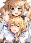  2girls :d ^_^ ^o^ barbara_(genshin_impact) bare_shoulders black_bow blonde_hair blue_eyes blush bow capelet closed_eyes cross cross_earrings dangle_earrings detached_sleeves dress drill_hair earrings eyebrows_visible_through_hair genshin_impact hair_between_eyes hair_bow hair_ribbon happy head_on_head head_rest highres hug hug_from_behind jean_(genshin_impact) jewelry long_hair long_sleeves looking_at_viewer multiple_girls open_mouth ponytail priestess ribbon siblings sisters smile teeth twin_drills twintails upper_body upper_teeth white_dress white_ribbon zeroyama 