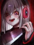  1girl absurdres black_sailor_collar black_sleeves blush commentary dark detached_sleeves english_commentary fangs hair_between_eyes headphones highres holding holding_knife horror_(theme) kitchen_knife knife long_hair looking_at_viewer open_mouth red_eyes sailor_collar shi_ge_xu solo staring sukone_tei turtleneck utau very_long_hair white_hair yandere 