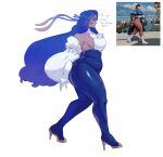  1girl bare_shoulders big_hair blush chun-li curvy detached_sleeves fatal_fury fatal_fury:_city_of_the_wolves from_side full_body halterneck high_heels highres long_hair original plump reference_inset solo ssephyr thick_thighs thighs very_long_hair white_sleeves wide_hips 