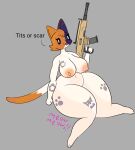 anthro big_breasts breasts calico_cat cate_meowdy chronicmeowmeow digital_media_(artwork) domestic_cat epic_games exposed_breasts felid feline felis female fortnite fur gun holding_object holding_ranged_weapon holding_weapon huge_breasts mammal multicolored_body nipples nude ranged_weapon simple_background solo tail tattoo text thick_thighs weapon
