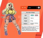  1girl artist_name blonde_hair bow breasts buttons character_name character_profile clothes_around_waist dark-skinned_female dark_skin deviantart_logo deviantart_username english_commentary english_text eyelashes eyeshadow fashion finger_to_mouth fingernails full_body ganguro gyaru gyaru_makeup height humanization jynx kogal large_breasts long_fingernails long_hair looking_at_viewer loose_socks makeup manba_gyaru no_nose orange_background outline patreon_username personification pink_lips pink_socks pleated_skirt poke_ball_print pokedex pokedex_number pokemon pokemon_rgby purple_eyeshadow purple_shoes purple_sweater red_bow red_eyes red_skirt reference_sheet shirt shoes simple_background skirt sleeves_rolled_up socks solo sweater sweater_around_waist tan taruyamame twitter_username venus_symbol watermark weight white_outline yellow_shirt 