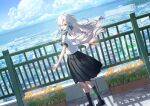  1girl artist_request blue_hair blue_sky cityscape cloud flower grey_eyes hair_flower hair_ornament hair_over_one_eye highres isekaijoucho kamitsubaki_studio long_hair looking_at_viewer looking_back multicolored_hair official_art outdoors railing scenery school_uniform serafuku skirt sky smile solo sunlight two-tone_hair white_hair wind 