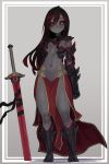  1girl absurdres ahoge arm_behind_back armor black_armor black_boots black_sclera boots breasts brown_hair closed_mouth colored_sclera colored_skin commentary_request commission ekrea_jan full_body gauntlets grey_background grey_skin hair_between_eyes highres knee_boots long_hair looking_at_viewer medium_breasts navel original pelvic_curtain planted planted_sword red_eyes red_skirt revealing_clothes sidelocks simple_background skeb_commission skirt smile solo spiked_armor spikes standing stomach sword third_eye_on_chest very_long_hair weapon 