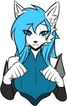 alpha_channel anthro armor begging blue_clothing blue_dress blue_eyes canid canine canis clothing dress female fox front_view grin hands_up happy hybrid magic_user mammal markings pose riverred robe royalty smile solo tattoo thermia_(character) wolf