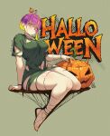  1girl barefoot black_nails blonde_hair blush breasts full_body halloween jack-o&#039;-lantern jk_arts large_breasts looking_at_viewer multicolored_hair nail_polish navel original pink_hair red_eyes short_hair short_sleeves silk sitting solo spider_web thighs toenail_polish toenails torn_clothes two-tone_hair 