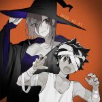  1boy 1girl adjusting_clothes adjusting_headwear bandage_over_one_eye bandaged_arm bandaged_head bandaged_neck bandaged_wrist bandages black_cloak black_hat blue_cloak blue_dress blue_hat breasts cleavage cloak collarbone cosplay dated dress frankenstein&#039;s_monster frankenstein&#039;s_monster_(cosplay) grey_theme hat highres himesaki_kasane kamisama_ga_machigaeru medium_hair monochrome nakatani_nio official_art open_mouth orange_background spiked_hair stitched_arm stitches two-tone_cloak two-tone_hat wataya_kon witch witch_hat 