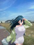  1girl absurdres bag blue_hair blue_sky breasts brick_road building cardigan closed_mouth dini_illust fingernails glasses grass green_cardigan hair_between_eyes hand_up highres large_breasts long_hair long_shirt looking_at_viewer mountainous_horizon one_eye_closed original photo_background plastic_bag semi-rimless_eyewear shirt single_off_shoulder sky solo spaghetti_strap standing thighs under-rim_eyewear upper_body walking white_shirt wind 