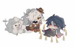  2boys black_hair blade_(honkai:_star_rail) candle chibi chibi_only hair_ornament hair_over_one_eye hat honkai:_star_rail honkai_(series) jing_yuan lion long_hair male_focus mississipping multiple_boys pants red_eyes rope simple_background white_background white_hair yellow_eyes 