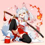  1girl animal_ear_fluff animal_ears bell black_thighhighs blush breasts crossed_bangs detached_sleeves extra_ears fire fox_ears fox_girl fox_tail full_body fur_trim gradient_hair grey_hair hair_bell hair_between_eyes hair_ornament hakama hakama_skirt holding holding_sword holding_weapon japanese_clothes jingle_bell katana kouhaku_nawa long_hair long_sleeves looking_at_viewer maebari multicolored_hair mutsuse neck_bell nontraditional_miko ofuda ofuda_on_pussy open_mouth original red_hair red_skirt ribbon-trimmed_sleeves ribbon-trimmed_thighhighs ribbon_trim ribs rope sheath sheathed shimenawa side_ponytail sideless_kimono simple_background skirt small_breasts smile solo spread_legs sword tabi tail thighhighs weapon wide_sleeves 