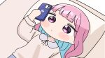  1girl anchor_symbol arm_up blue_hair blush_stickers brown_shirt cellphone chibi closed_mouth collared_shirt commentary_request highres holding holding_phone hololive long_hair long_sleeves lying minato_aqua mochimiko multicolored_hair on_back phone pillow pink_hair puffy_long_sleeves puffy_sleeves purple_eyes shirt solo streaked_hair two-tone_hair virtual_youtuber 