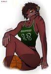  ball basketball_(ball) clothing colored_nails felid female fur fur_markings hair hi_res humanoid jersey machairodontine mammal markings nails panties red_body red_fur red_hair sabertoothed_cat sarra_(zees1) smile solo tuft underwear yellow_eyes zees1 