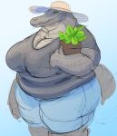 absurd_res alligator alligatorid anthro belly big_breasts breasts claws cleavage clothed clothing crocodilian doctordj female fingers green_eyes grey_body grey_claws hat headgear headwear hi_res holding_object olivia_(doctordj) overweight overweight_anthro overweight_female plant reptile scalie shaded sharp_teeth shirt solo standing tail teeth topwear