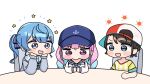  3girls :d anchor_symbol baseball_cap black_hair blue_eyes blue_hair blue_hat blue_sailor_collar blush_stickers bow braid cardigan chair chibi commentary_request grey_cardigan hair_bow hat highres hololive hoshimachi_suisei hoshimachi_suisei_(sailor) long_hair long_sleeves low_twintails minato_aqua minato_aqua_(sailor) mochimiko multicolored_hair multiple_girls on_chair oozora_subaru oozora_subaru_(1st_costume) open_cardigan open_clothes pink_hair puffy_long_sleeves puffy_sleeves purple_eyes sailor_collar school_uniform serafuku shirt short_sleeves side_ponytail sideways_hat simple_background sitting sleeves_past_wrists smile star_(symbol) star_in_eye striped_bow striped_clothes striped_shirt sun_symbol symbol_in_eye table twin_braids twintails two-tone_hair upper_body v-shaped_eyebrows vertical-striped_clothes vertical-striped_shirt virtual_youtuber white_background white_sailor_collar white_shirt yurie_mouth 