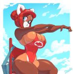  2022 5_fingers ailurid anthro artist_name big_breasts black_nose blue_eyes breasts brown_body brown_fur bulging_breasts cel_shading cleavage cleavage_overflow clothed clothing cloud digital_media_(artwork) female fingers fur hair hi_res huge_breasts inner_ear_fluff lifeguard lifeguard_swimsuit looking_aside low-angle_view mammal nuan_(skecchiart) outside red_hair red_panda shaded sitting skecchiart small_waist solo thick_thighs tuft wide_hips 