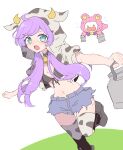  &gt;_&lt; 1girl ahoge animal_ears animal_print bell black_bra black_shoes bra collar commentary_request cow_ears cow_hood cow_horns cow_print cow_print_thighhighs cowbell cropped_jacket denim denim_shorts highres hood hood_up horns kuma_(pripara) long_hair looking_at_viewer manaka_laala milk_churn navel neck_bell nojima_minami open_mouth pink_fur pretty_series print_thighhighs pripara purple_hair shoes short_shorts shorts solo stuffed_animal stuffed_toy teddy_bear thighhighs twintails underwear white_thighhighs 