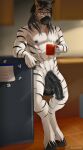 2021 animal_genitalia animal_penis anthro appliance balls black_hair blaker chester_williams coffee_mug equid equine equine_genitalia equine_penis eyewear fridge fur genitals glasses green_eyes hair half-erect hi_res hooves kitchen_appliance looking_at_viewer male male_anthro mammal medial_ring muscular muscular_anthro muscular_male nipples nude nude_anthro nude_male penis solo standing striped_body striped_fur stripes wearing_glasses zebra