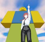  1girl absurdres black_necktie black_pants blue_sky breasts chainsaw_man cloud cloudy_sky collared_shirt commentary crossover day english_commentary from_below high-waist_pants highres large_breasts long_hair long_sleeves makima_(chainsaw_man) necktie noob_(roblox) pant_suit pants pointing red_hair ringed_eyes roblox shirt shirt_tucked_in signature sky suit virtuware white_shirt yellow_eyes 