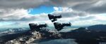  3d aircraft airplane artist_name blue_sky cloud cloudy_sky commentary cyclops_(eve_online) day english_commentary eve_online fleet flying gallente_federation_(eve_online) heavy_fighter_(eve_online) highres lake military_vehicle mountain no_humans outdoors realistic scenery science_fiction sky spacecraft starfighter vankaiser vehicle_focus water 