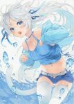  1girl animal_ear_fluff animal_ears belt belt_buckle blue_choker blue_eyes blue_jacket blue_shorts blue_tank_top blush breasts buckle cat_ears cat_girl cat_tail choker cleavage commentary_request cowboy_shot crop_top fangs floating_clothes floating_hair forehead grey_belt highres jacket large_breasts long_hair long_sleeves looking_at_viewer marker_(medium) meeya midriff navel off_shoulder open_clothes open_jacket open_mouth original parted_bangs short_shorts shorts solo tail tank_top thighhighs traditional_media unzipped very_long_hair water_drop white_hair white_thighhighs 