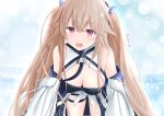  1girl absurdres anchorage_(azur_lane) artist_request azur_lane bangs bare_shoulders blue_coat blush breasts cleavage coat crossed_bangs eagle_union_(emblem) hanging_breasts highres large_breasts leaning_forward light_brown_hair long_hair looking_at_viewer micro_shorts open_mouth ribbon_between_breasts shorts sleeves_past_fingers sleeves_past_wrists smile solo standing very_long_sleeves 