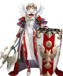  1girl axe battle_axe blue_eyes bodysuit cape crown dress edelgard_von_hresvelg edelgard_von_hresvelg_(adrestian_emperor) edelgard_von_hresvelg_(adrestian_emperor)_(resplendent) edelgard_von_hresvelg_(timeskip) fake_horns feather_trim fingerless_gloves fire_emblem fire_emblem:_three_houses fire_emblem_heroes gloves hair_rings highres holding holding_axe holding_shield horns insignia looking_at_viewer non-web_source official_alternate_costume official_art red_bodysuit red_cape red_gloves shield solo tachi-e two-sided_cape two-sided_fabric weapon white_cape white_dress white_hair 