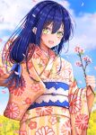  1girl bangs birthday blue_hair blue_sky blush cloud cloudy_sky commentary eyebrows_visible_through_hair field floral_print flower flower_field highres holding holding_flower japanese_clothes kimono long_hair looking_at_viewer love_live! love_live!_school_idol_project low_ponytail meimaru petals sidelocks sky smile sonoda_umi yellow_eyes yukata 