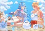  4girls absurdres ahoge animal_ears beach bikini black_bikini blonde_hair blue_bikini blue_hair bottle breasts commentary_request elf fox_ears fox_girl grey_hair group_picture heart heart_ahoge highres holding holding_water_gun hololive large_breasts long_hair momosuzu_nene multiple_girls nekko_(momosuzu_nene) nepolabo omaru_polka pointy_ears sand see-through_clothes see-through_shirt shirt shishiro_botan swimsuit two_side_up virtual_youtuber water water_gun wet wet_clothes wet_shirt white_bikini white_shirt winvita yellow_bikini yukihana_lamy yukimin_(yukihana_lamy) 