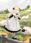  1girl absurdres apron black_shoes blonde_hair blue_eyes fence full_body highres hololive horns long_hair maid maid_apron maid_headdress nekory outdoors sheep sheep_girl sheep_horns shoes smile socks solo standing tree tsunomaki_watame white_socks 