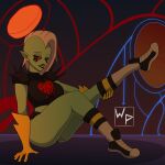 1:1 5_fingers absurd_res alien alien_humanoid big_breasts bottomwear breasts clothed clothing disney eyebrows female fingers footwear freckles gloves hair half-closed_eyes hand_on_leg hand_on_own_leg handwear hi_res humanoid humanoid_pointy_ears long_hair looking_at_viewer lord_dominator midriff narrowed_eyes noseless not_furry pink_sclera pointy_ears shoes sitting socks solo topwear wander_over_yonder white_hair xwolfpaulx